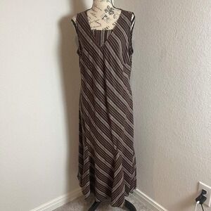 Evan-Picone Striped‎ Midi Dress V-Neck Sleeveless Casual Brown Dress Size L